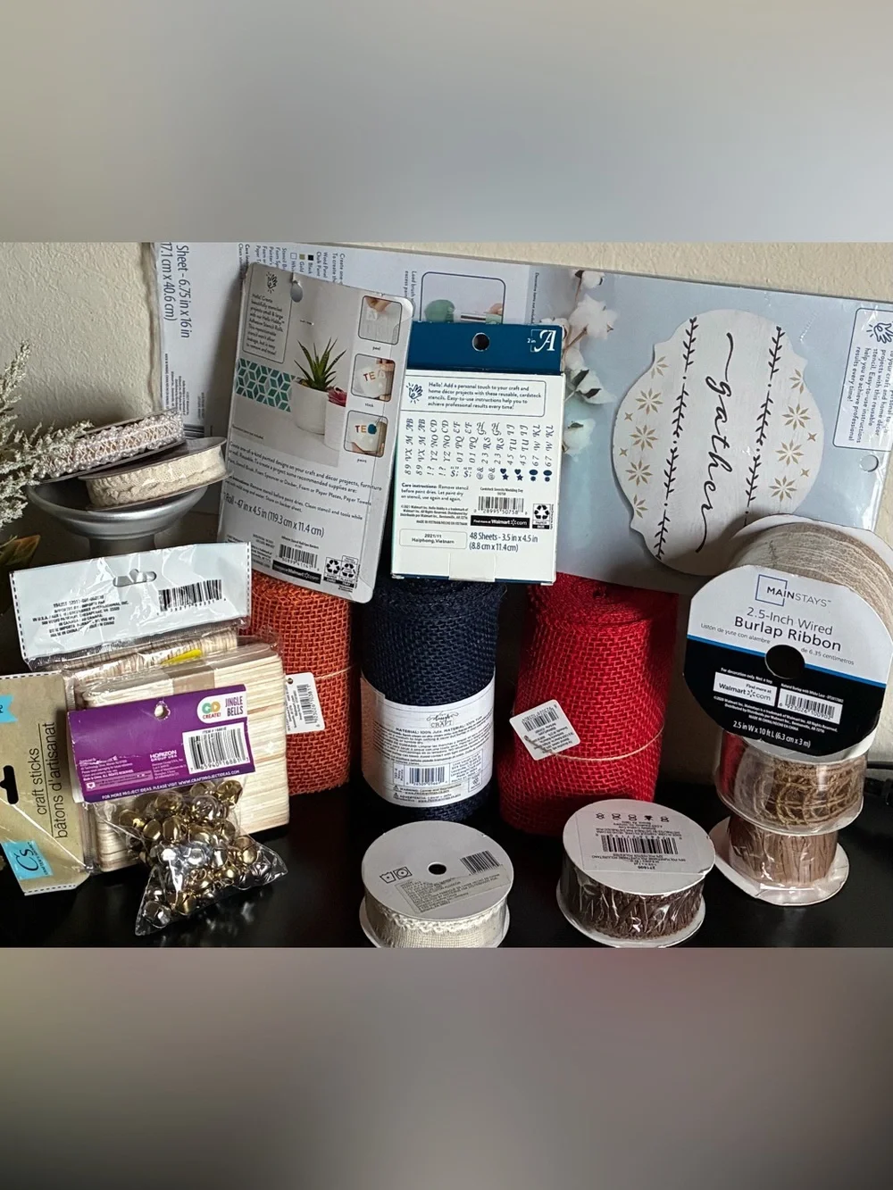 NWT Assorted Craft Bundle Set: Burlap/Ribbons/Stencils/Craft Sticks/Jingle Bells